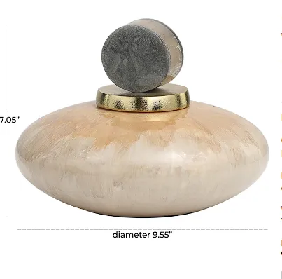 BEIGE GLASS GEOMETRIC OMBRE DECORATIVE JARS WITH PEACH ACCENTS AND GRAY MARBLE TOP, 10" X 10" X 7"