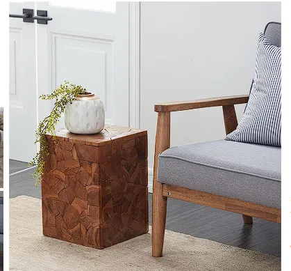 BROWN TEAK WOOD HANDMADE ACCENT TABLE WITH MOSAIC WOOD CHIP DESIGN, 12" X 12" X 16"