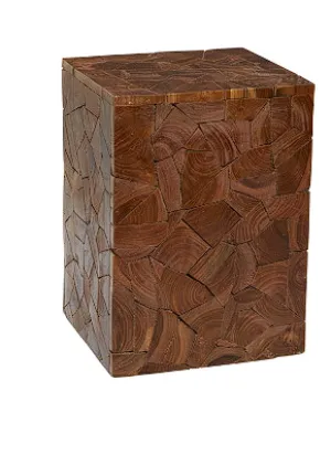BROWN TEAK WOOD HANDMADE ACCENT TABLE WITH MOSAIC WOOD CHIP DESIGN, 12" X 12" X 16"