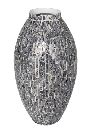 GRAY MOTHER OF PEARL HANDMADE MOSAIC INSPIRED VASE, 8" X 8" X 15"