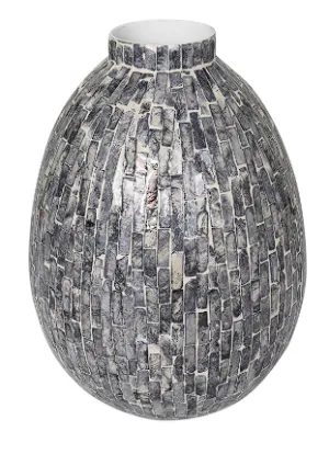 GRAY MOTHER OF PEARL HANDMADE MOSAIC INSPIRED VASE, 9" X 9" X 12"