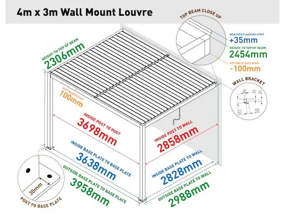 Louvre Roof System Wall Mount 4m x 3m White