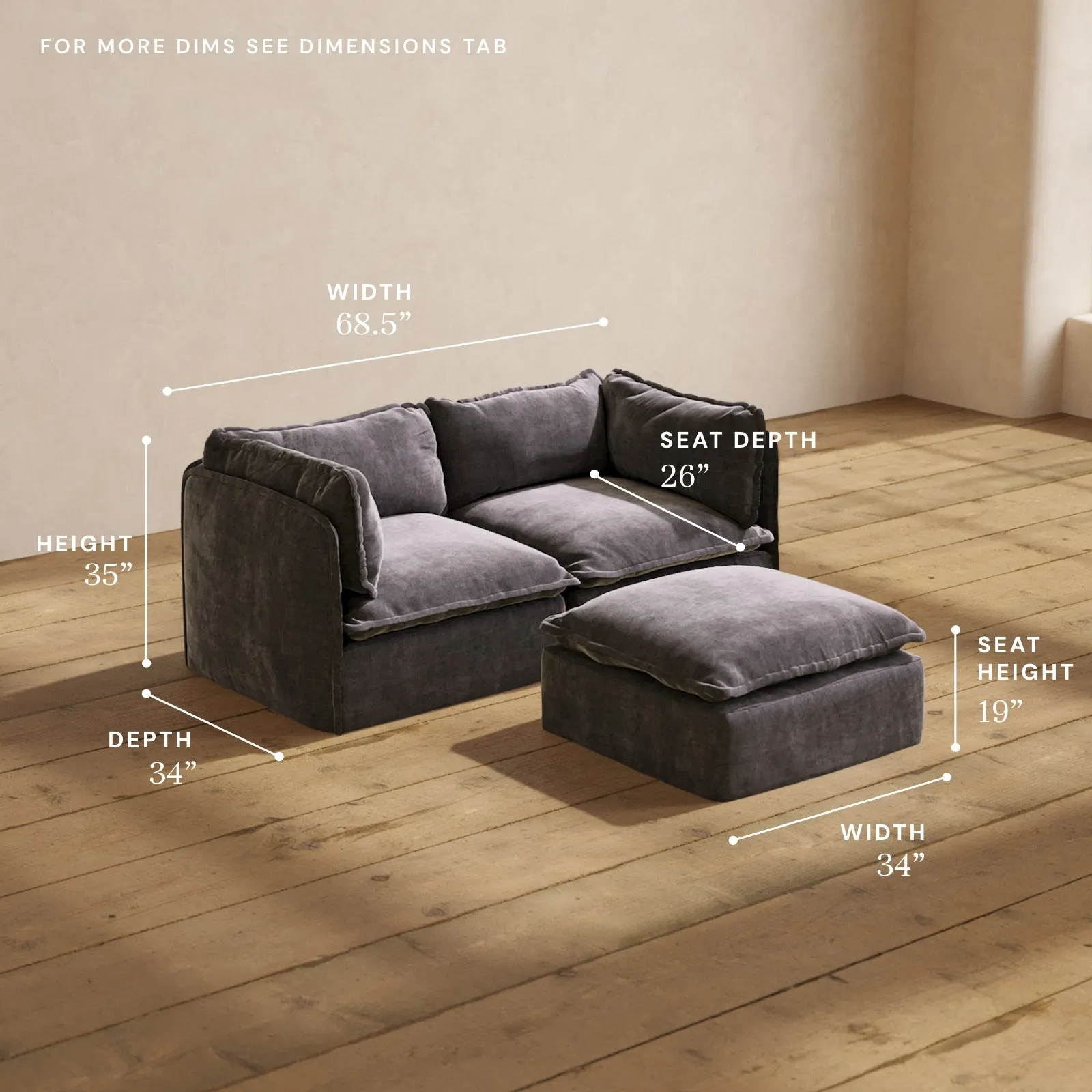 Modular Performance 2-Seater   Ottoman in Cinder | Deluxe Blend
