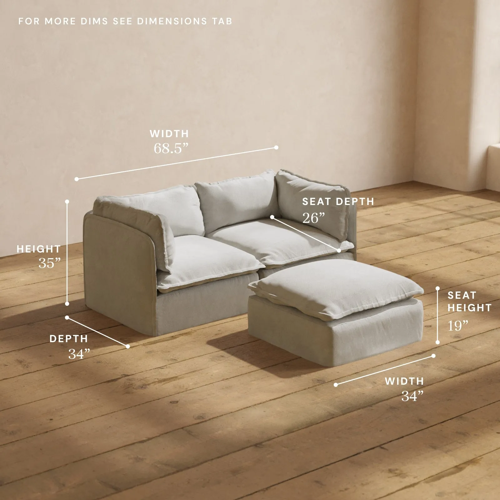 Modular Performance 2-Seater   Ottoman in Cloud | Deluxe Blend