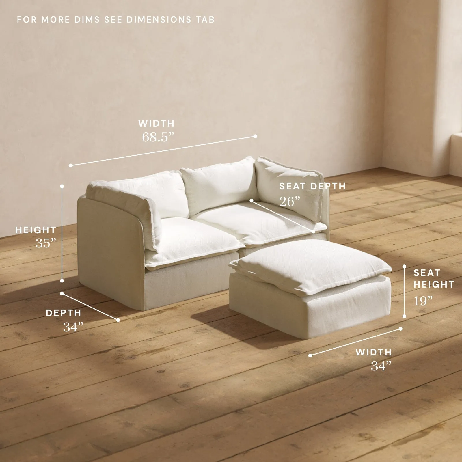 Modular Performance 2-Seater   Ottoman in Eggshell | Relaxed Blend
