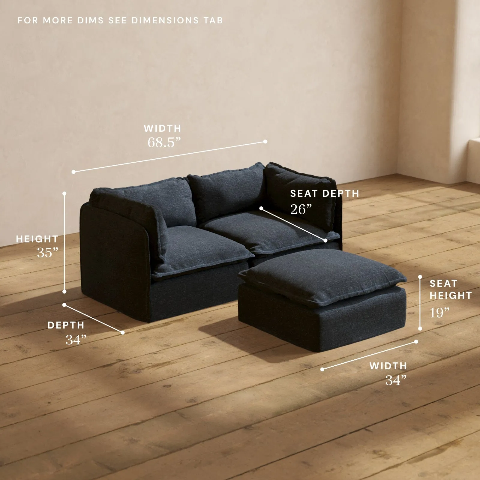 Modular Performance 2-Seater   Ottoman in Indigo | Deluxe Blend
