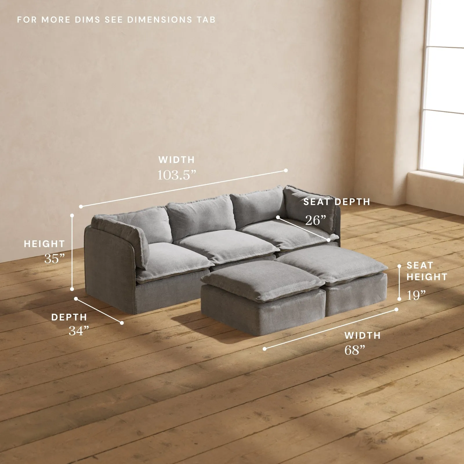 Modular Performance 3-Seater   Bench Ottoman in Ash | Deluxe Blend