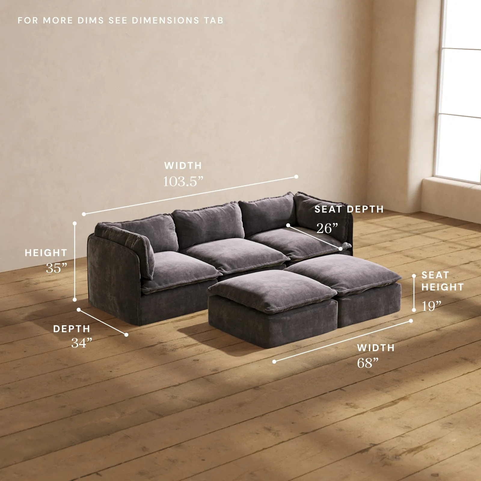 Modular Performance 3-Seater   Bench Ottoman in Cinder | Deluxe Blend