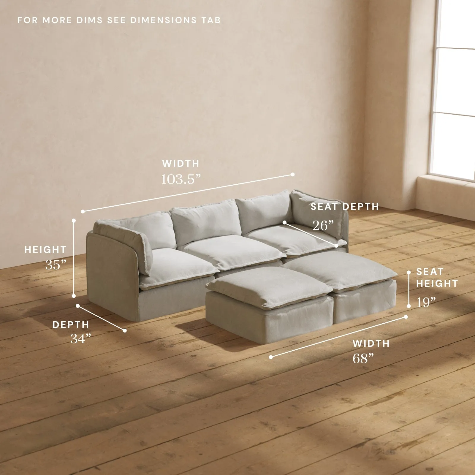 Modular Performance 3-Seater   Bench Ottoman in Cloud | Deluxe Blend