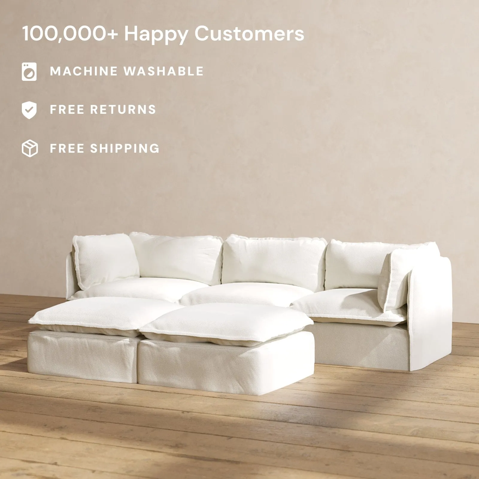 Modular Performance 3-Seater   Bench Ottoman in Eggshell | Relaxed Blend