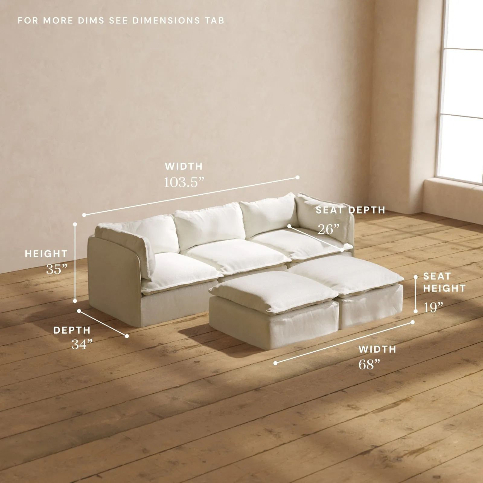 Modular Performance 3-Seater   Bench Ottoman in Eggshell | Relaxed Blend