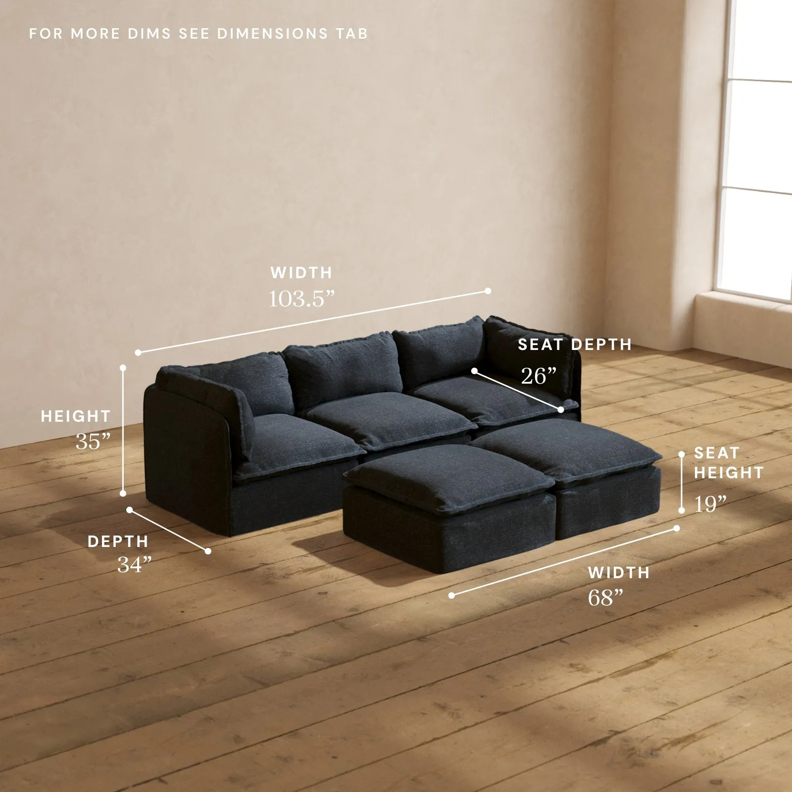 Modular Performance 3-Seater   Bench Ottoman in Indigo | Deluxe Blend