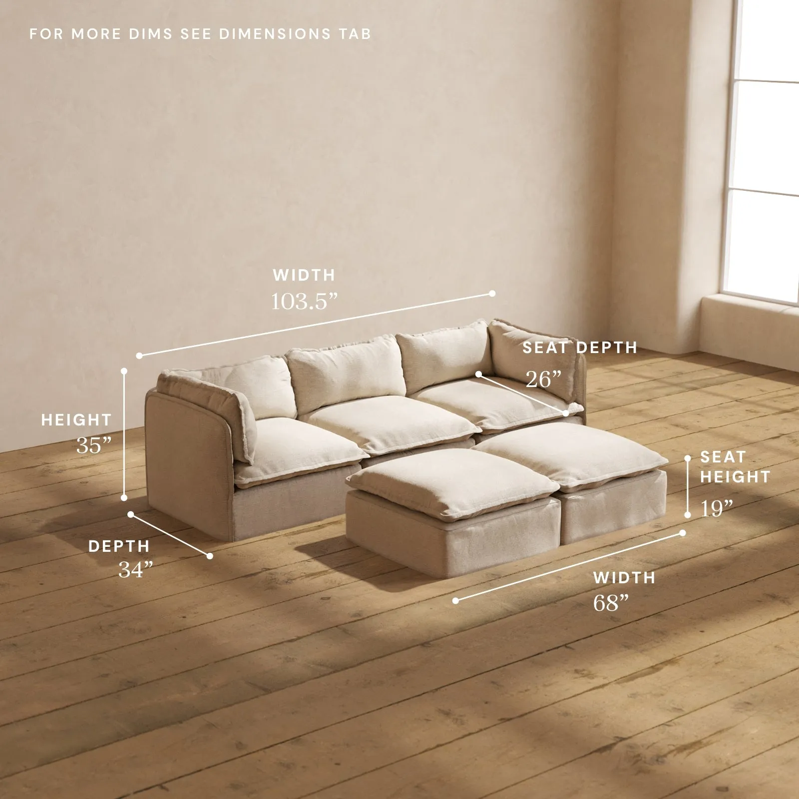 Modular Performance 3-Seater   Bench Ottoman in Oat | Deluxe Blend