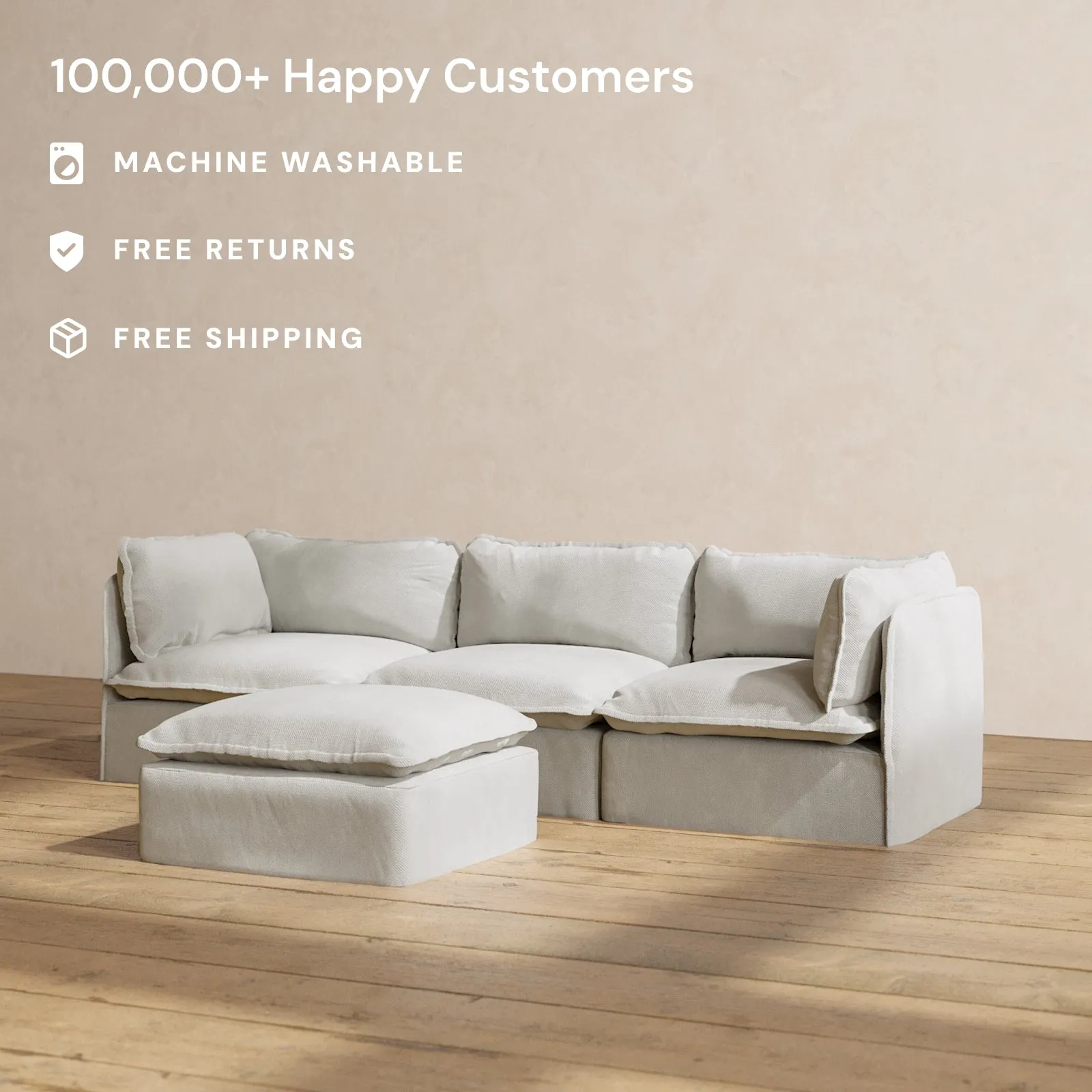 Modular Performance 3-Seater   Ottoman in Cloud | Deluxe Blend