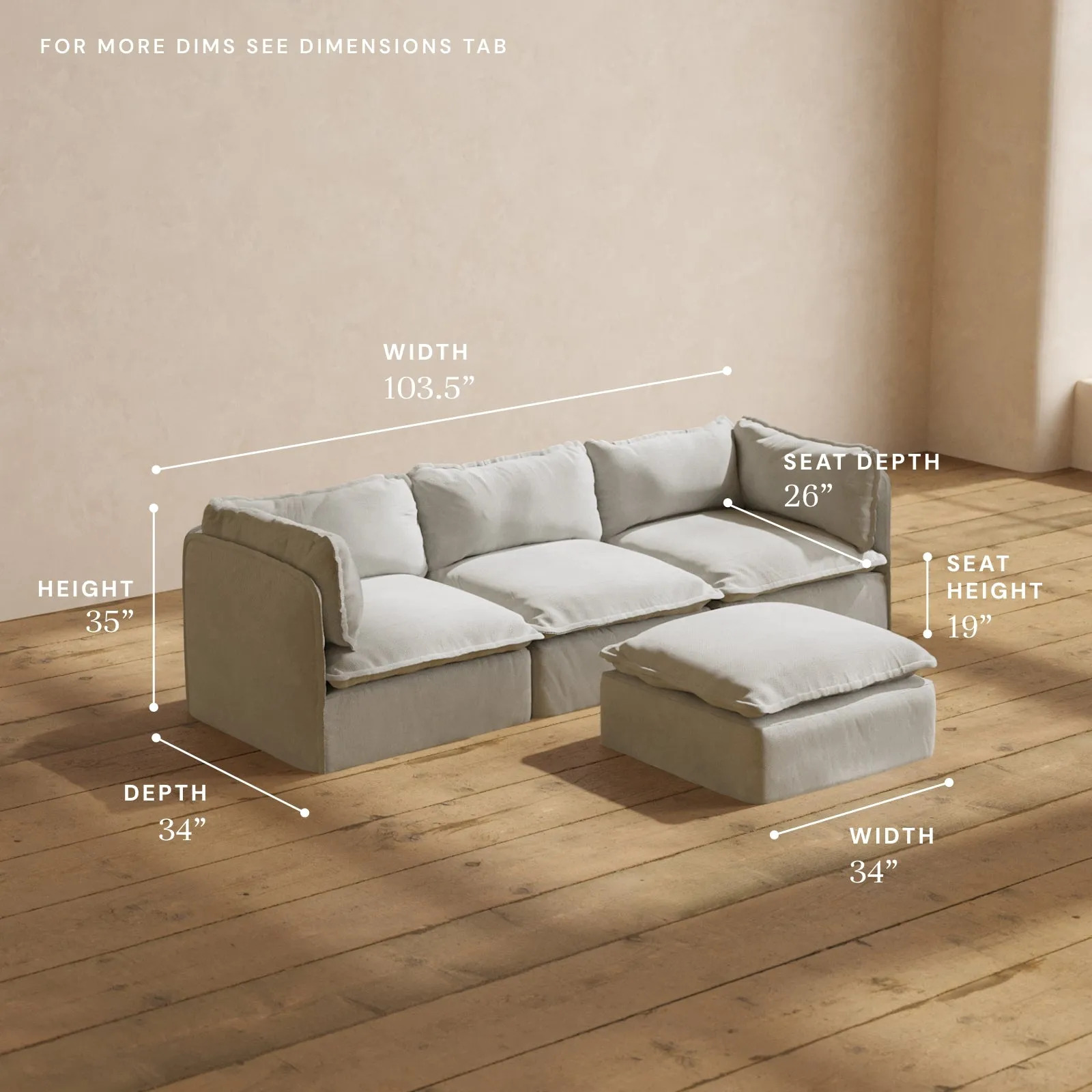 Modular Performance 3-Seater   Ottoman in Cloud | Deluxe Blend