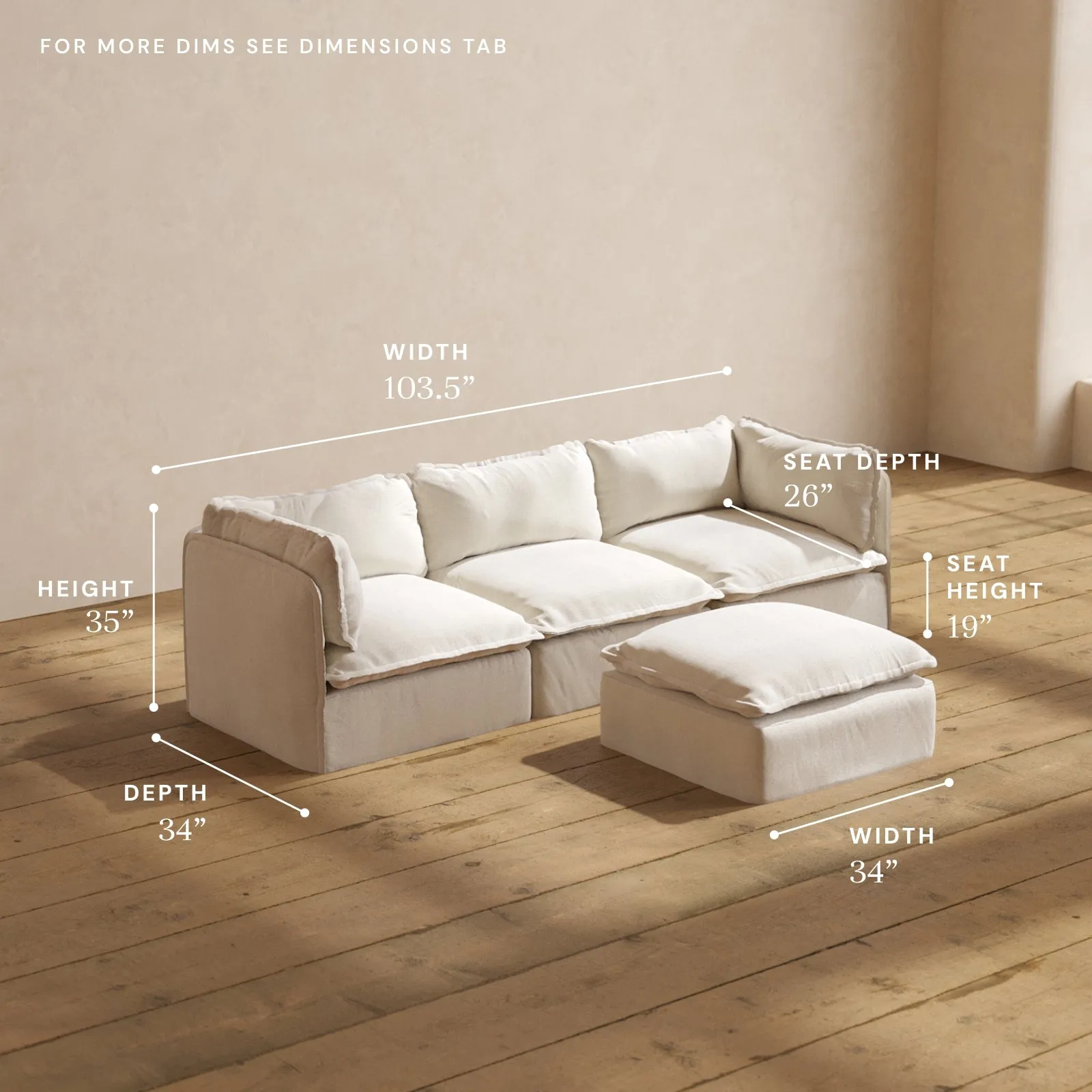 Modular Performance 3-Seater   Ottoman in Flour | Relaxed Blend