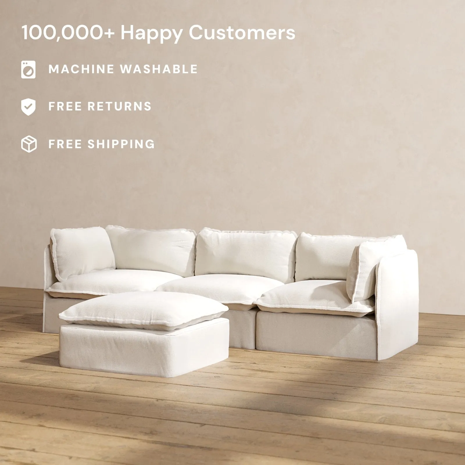 Modular Performance 3-Seater   Ottoman in Flour | Relaxed Blend