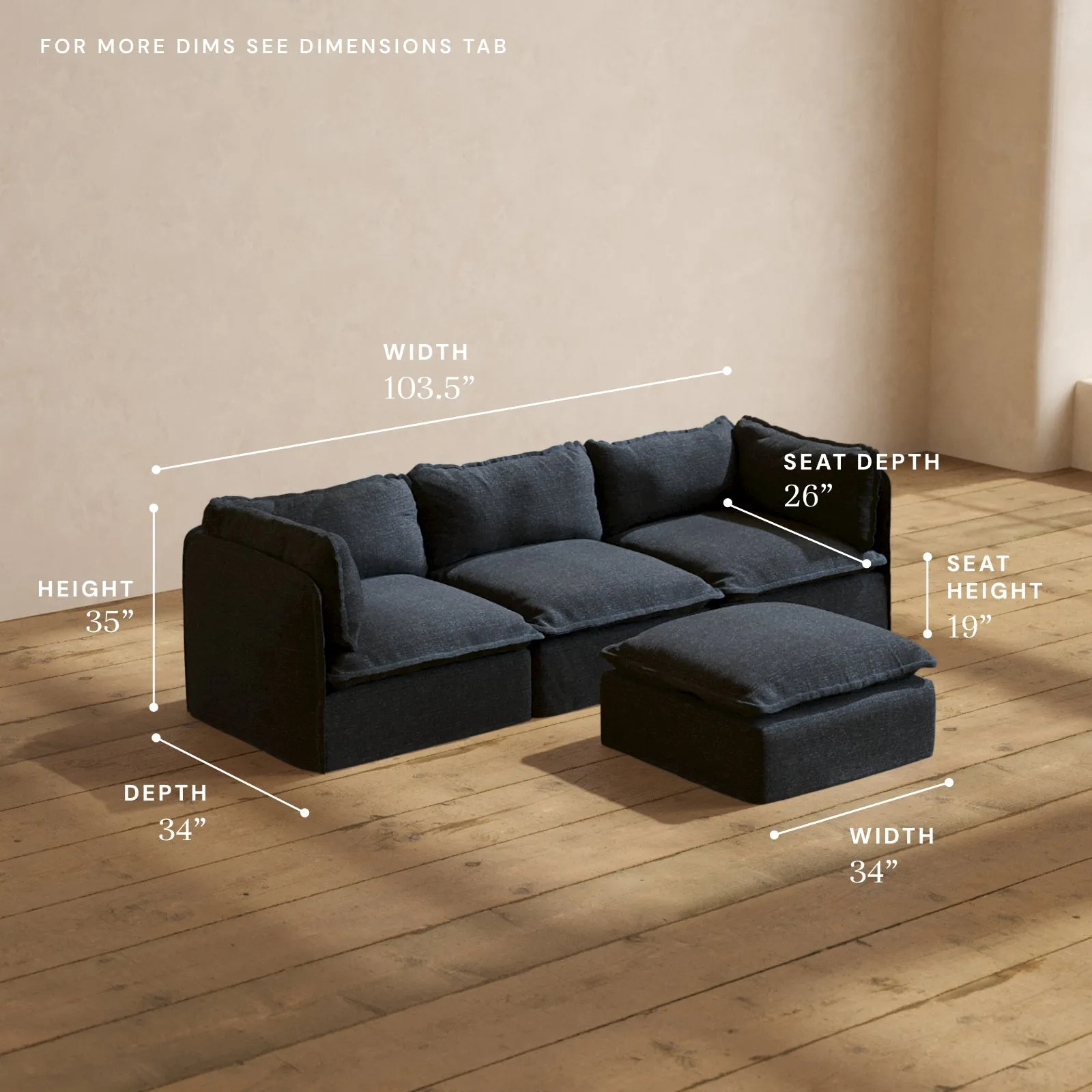 Modular Performance 3-Seater   Ottoman in Indigo | Deluxe Blend
