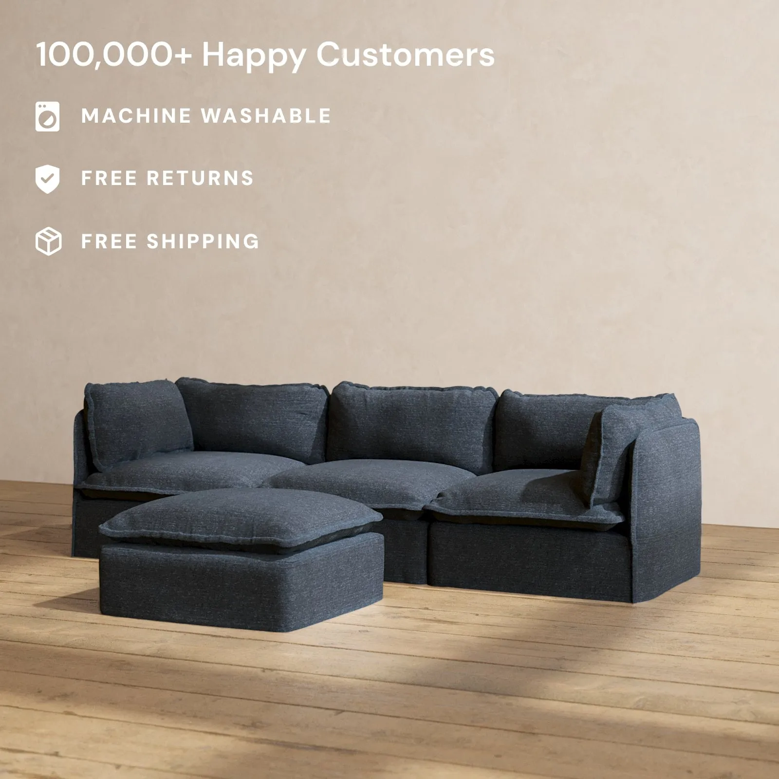 Modular Performance 3-Seater   Ottoman in Indigo | Deluxe Blend