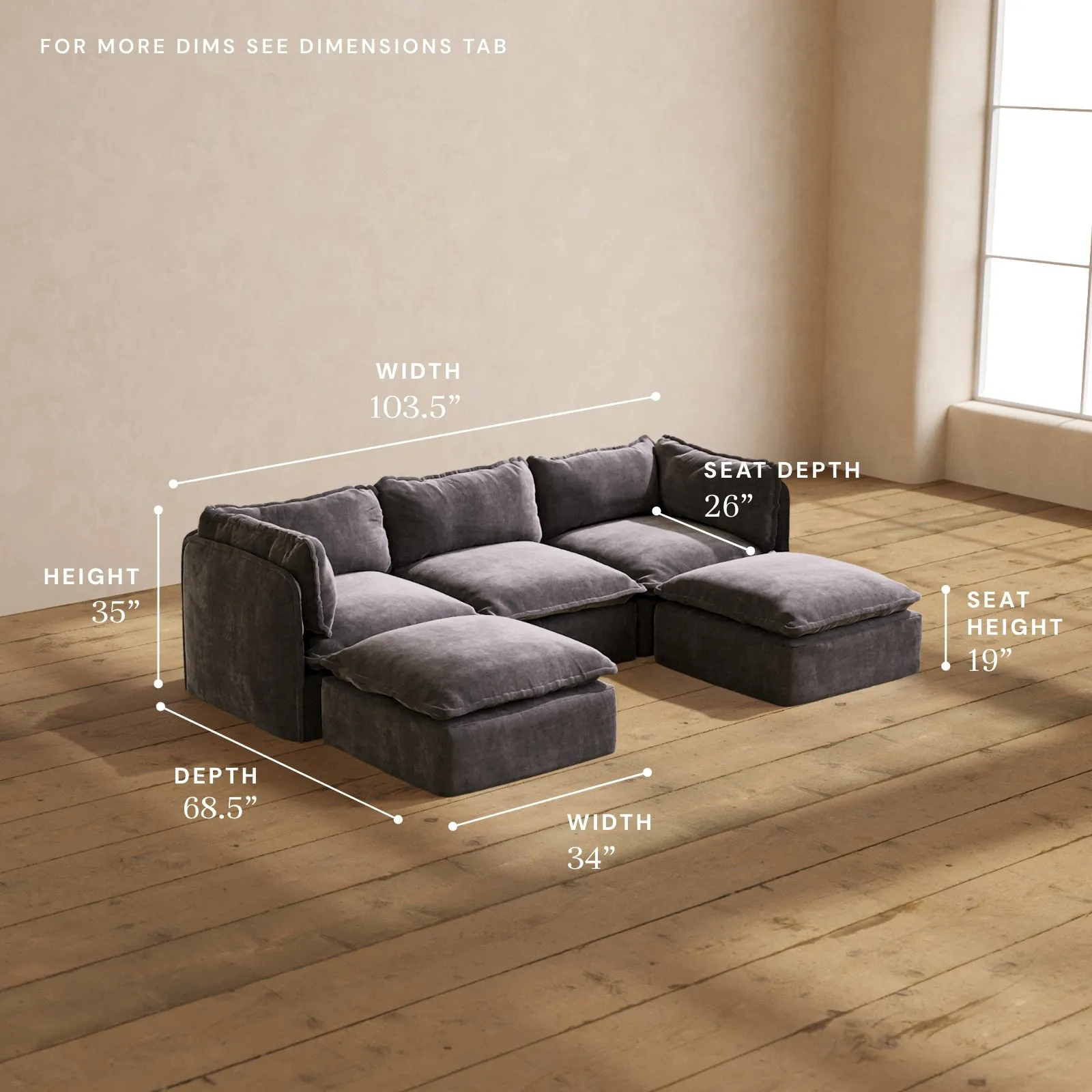 Modular Performance 3-Seater U-Sectional in Cinder | Deluxe Blend