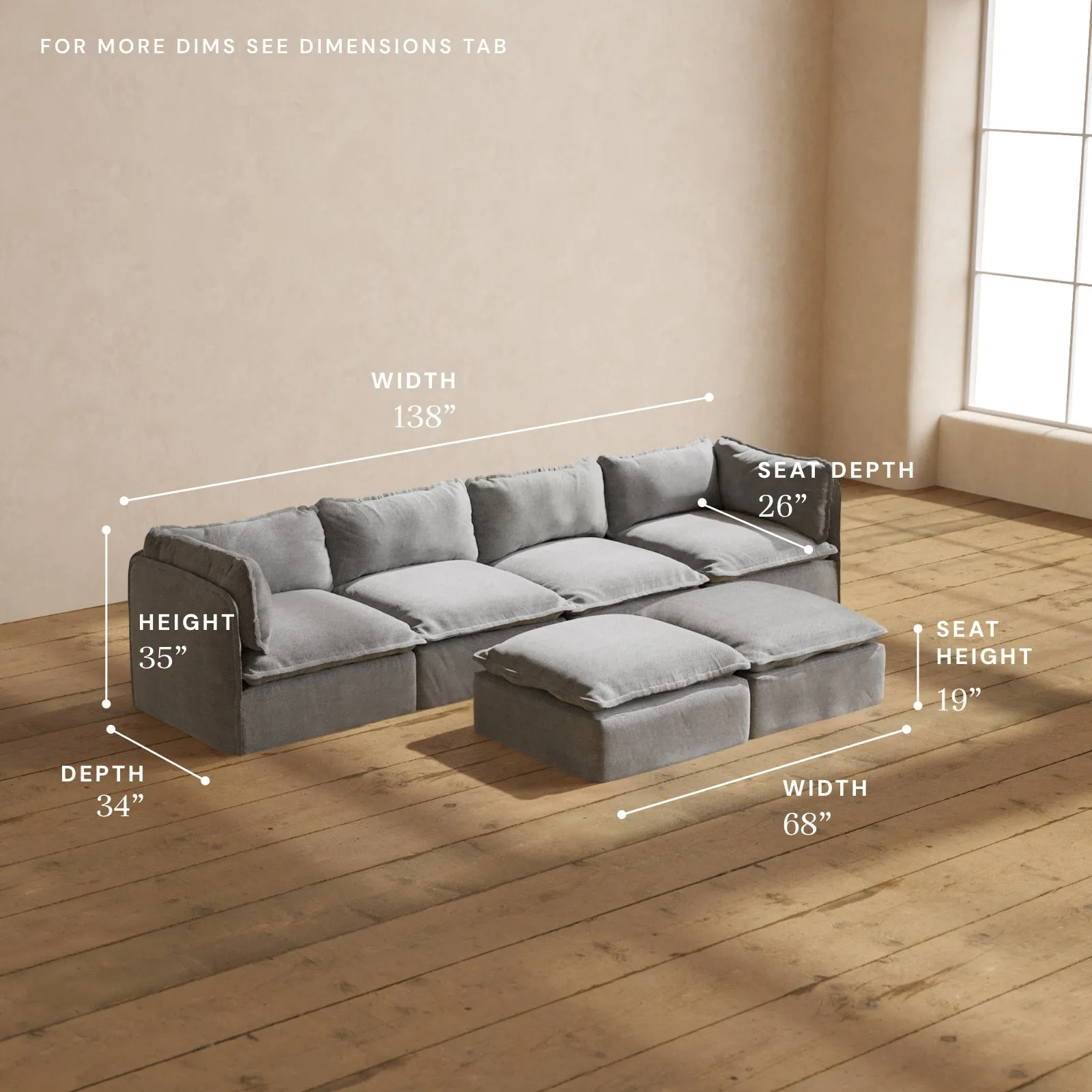 Modular Performance 4-Seater   Bench Ottoman in Ash | Relaxed Blend