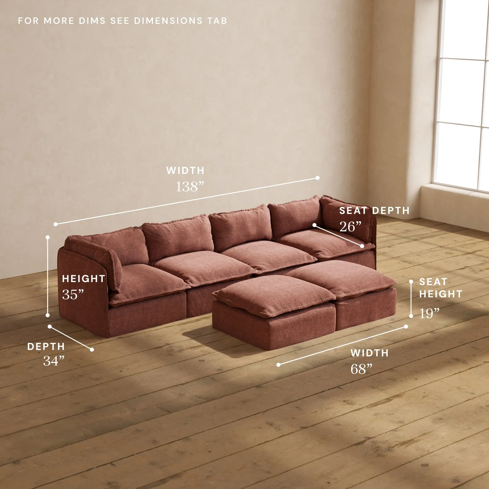 Modular Performance 4-Seater   Bench Ottoman in Chestnut | Deluxe Blend