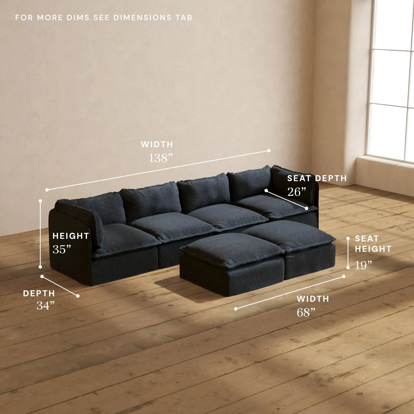 Modular Performance 4-Seater   Bench Ottoman in Indigo | Relaxed Blend