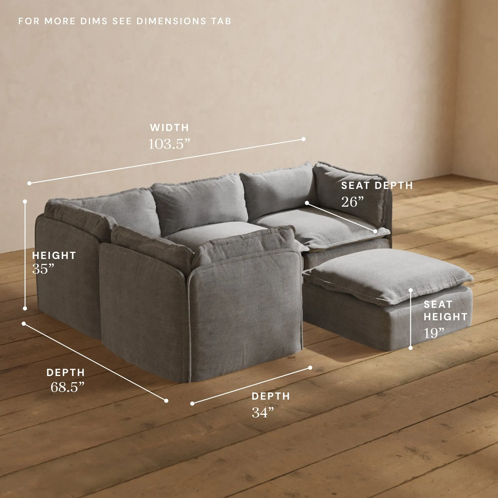 Modular Performance 4-Seater Corner Sectional   Ottoman in Ash | Deluxe Blend