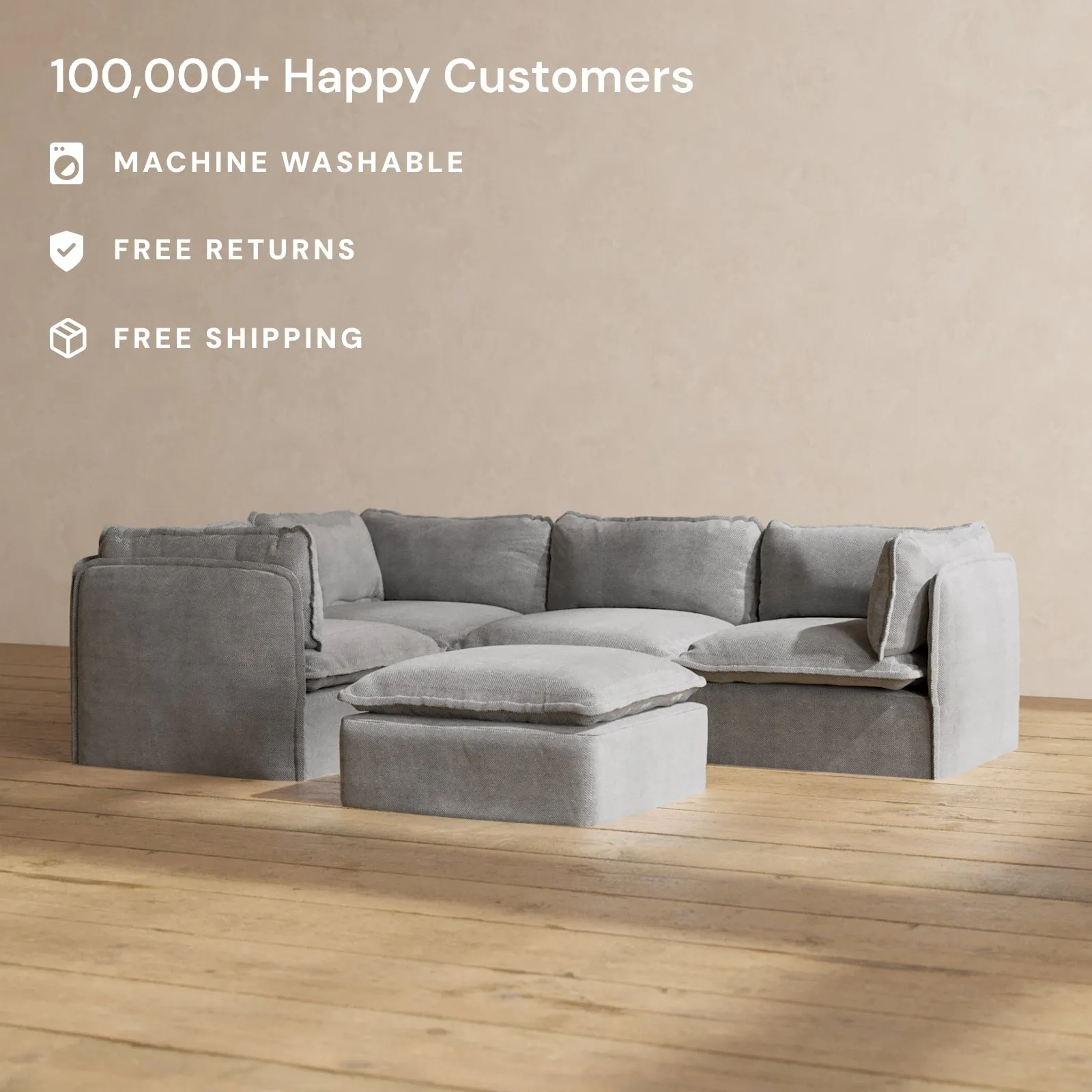 Modular Performance 4-Seater Corner Sectional   Ottoman in Ash | Deluxe Blend