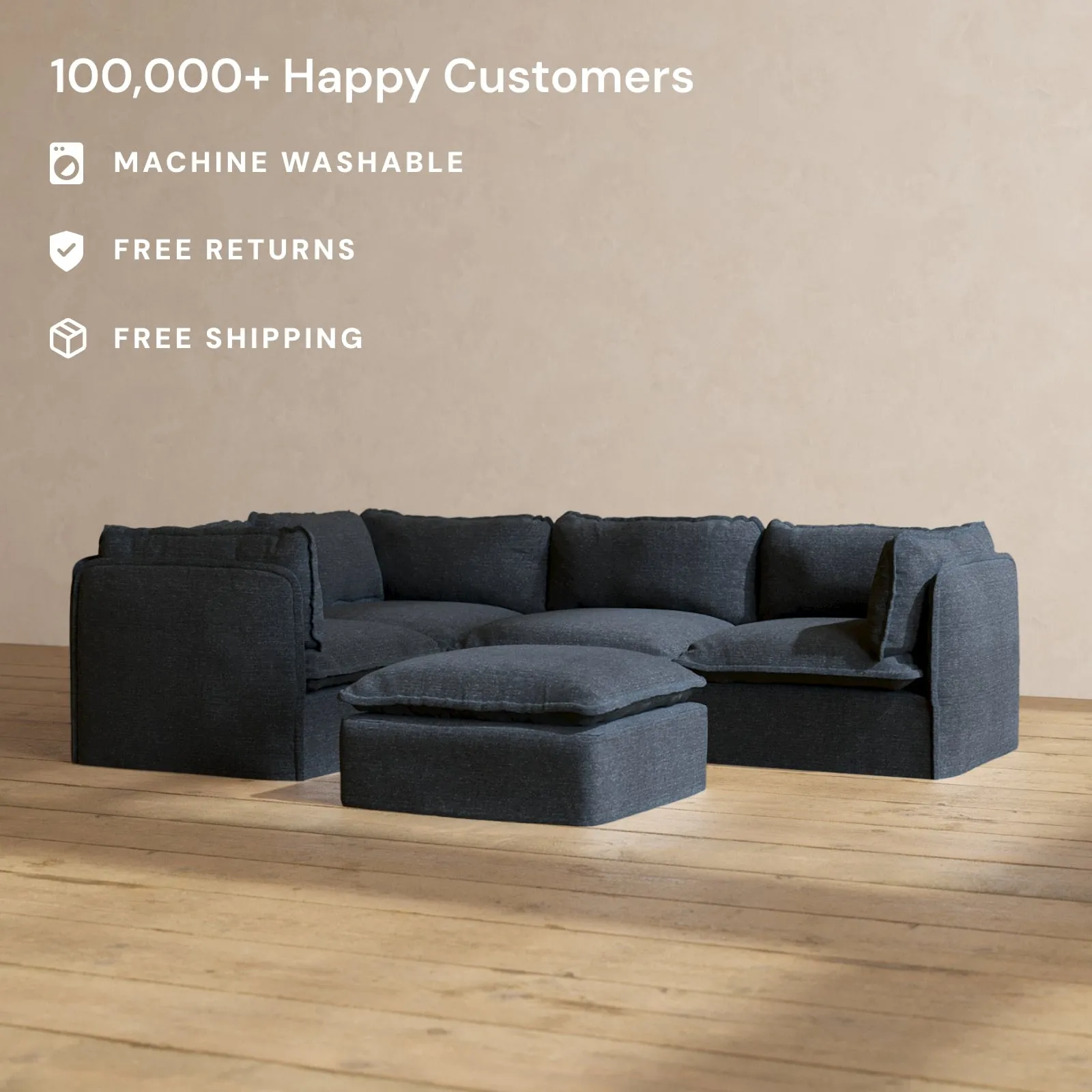 Modular Performance 4-Seater Corner Sectional   Ottoman in Indigo | Deluxe Blend