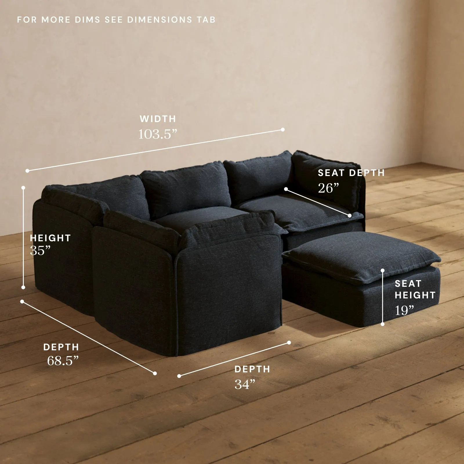 Modular Performance 4-Seater Corner Sectional   Ottoman in Indigo | Deluxe Blend