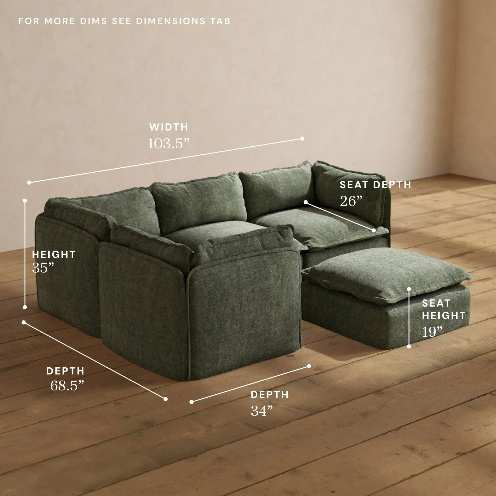 Modular Performance 4-Seater Corner Sectional   Ottoman in Willow | Relaxed Blend
