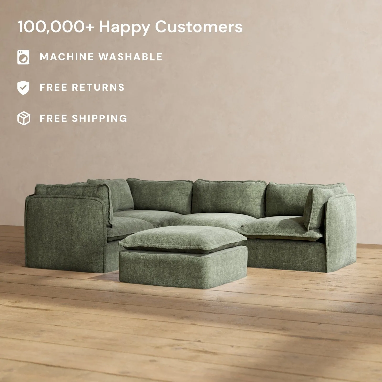 Modular Performance 4-Seater Corner Sectional   Ottoman in Willow | Relaxed Blend