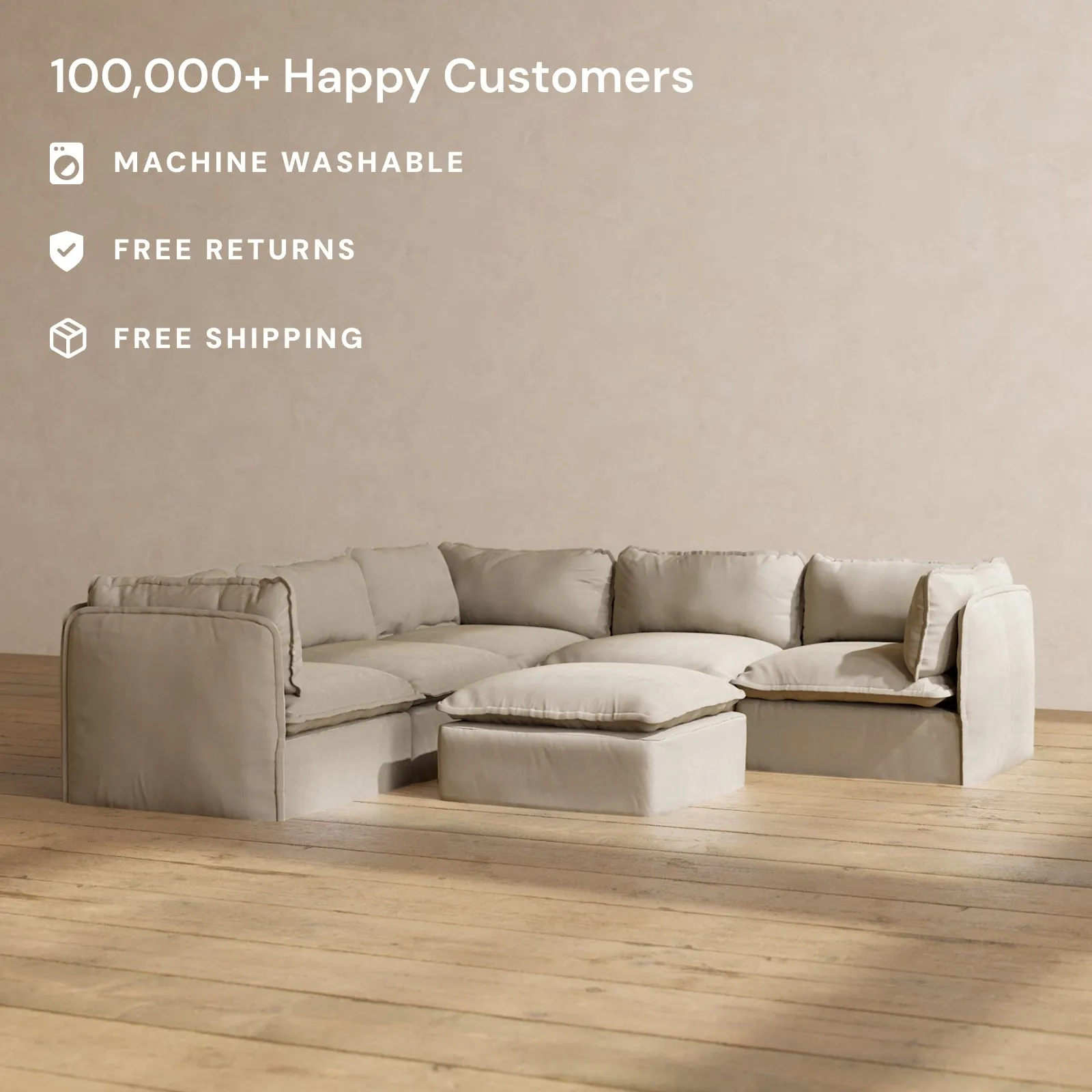 Modular Performance 5-Seater Corner Sectional   Ottoman in Dune | Relaxed Blend