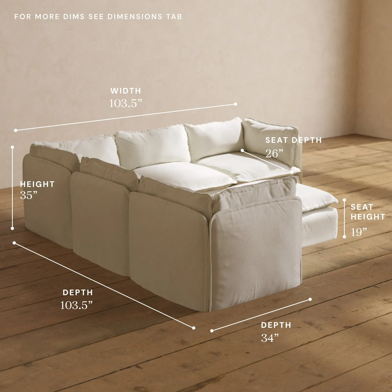 Modular Performance 5-Seater Corner Sectional   Ottoman in Eggshell | Relaxed Blend