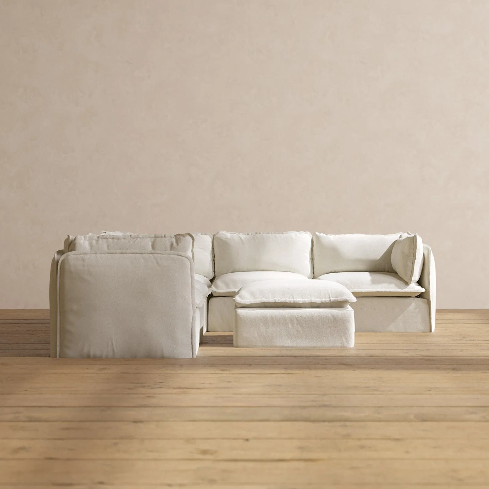 Modular Performance 5-Seater Corner Sectional   Ottoman in Eggshell | Relaxed Blend