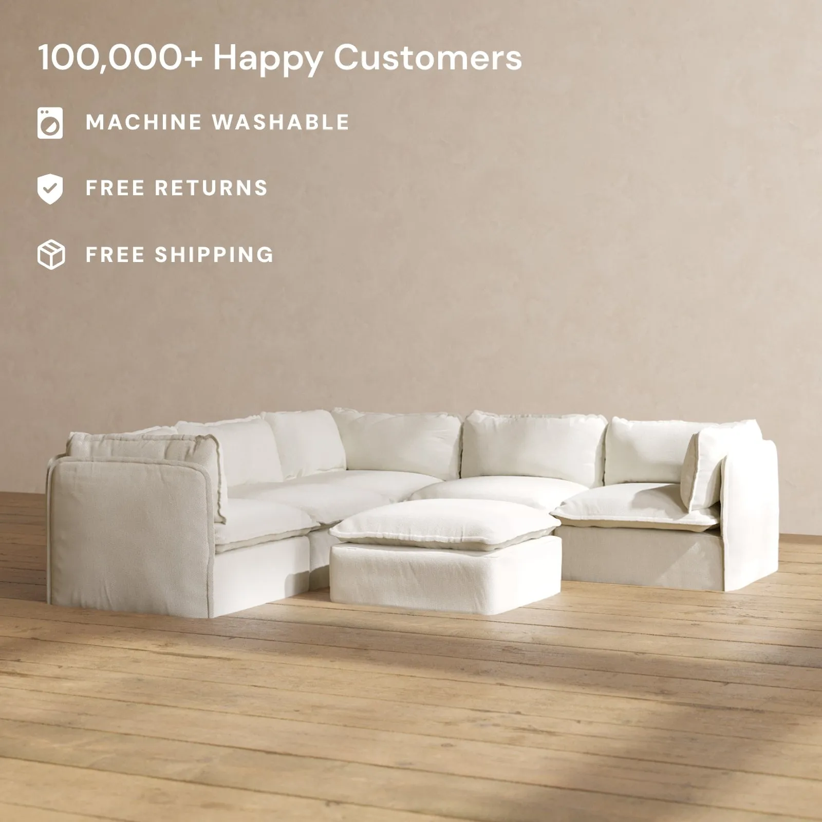 Modular Performance 5-Seater Corner Sectional   Ottoman in Eggshell | Relaxed Blend