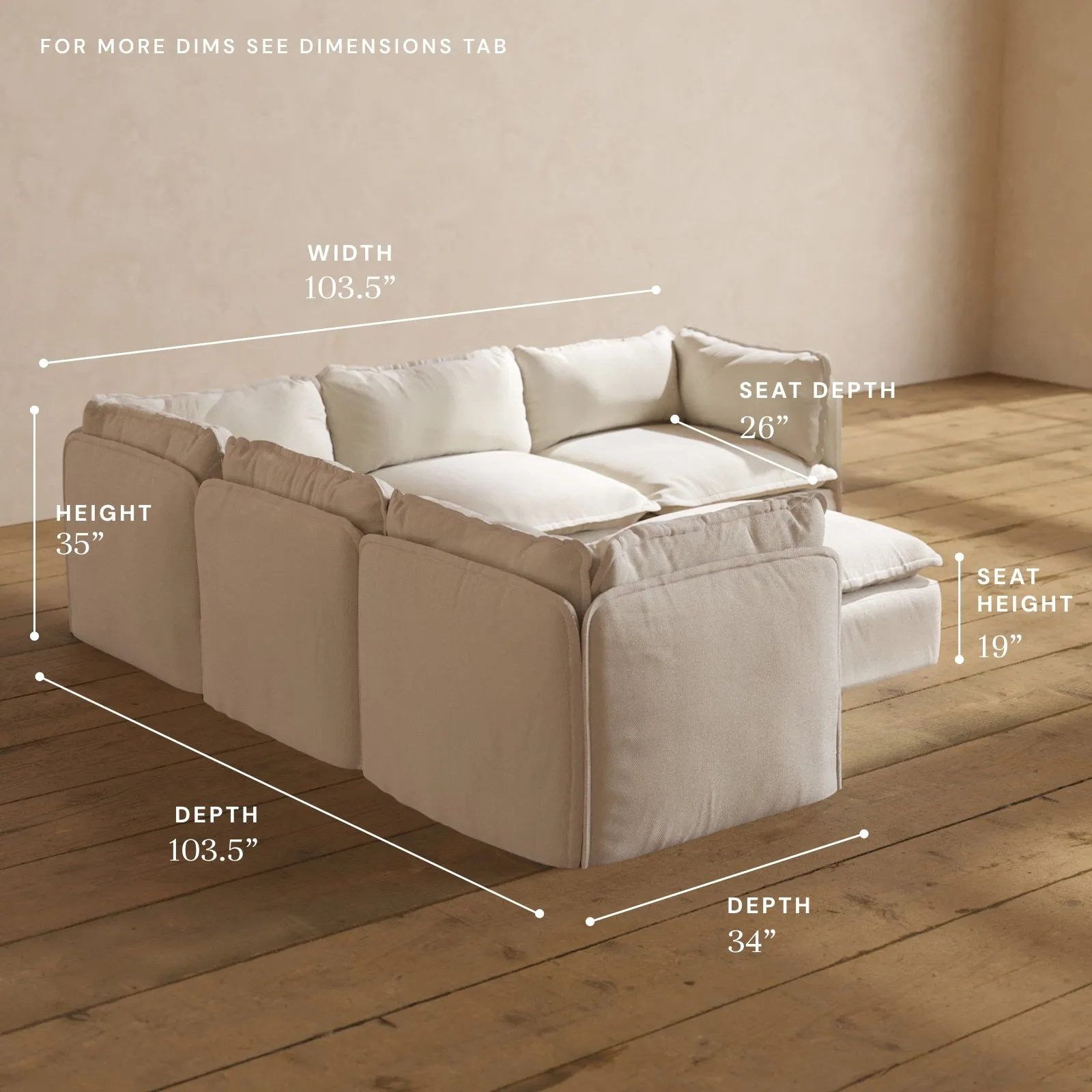 Modular Performance 5-Seater Corner Sectional   Ottoman in Flour | Relaxed Blend