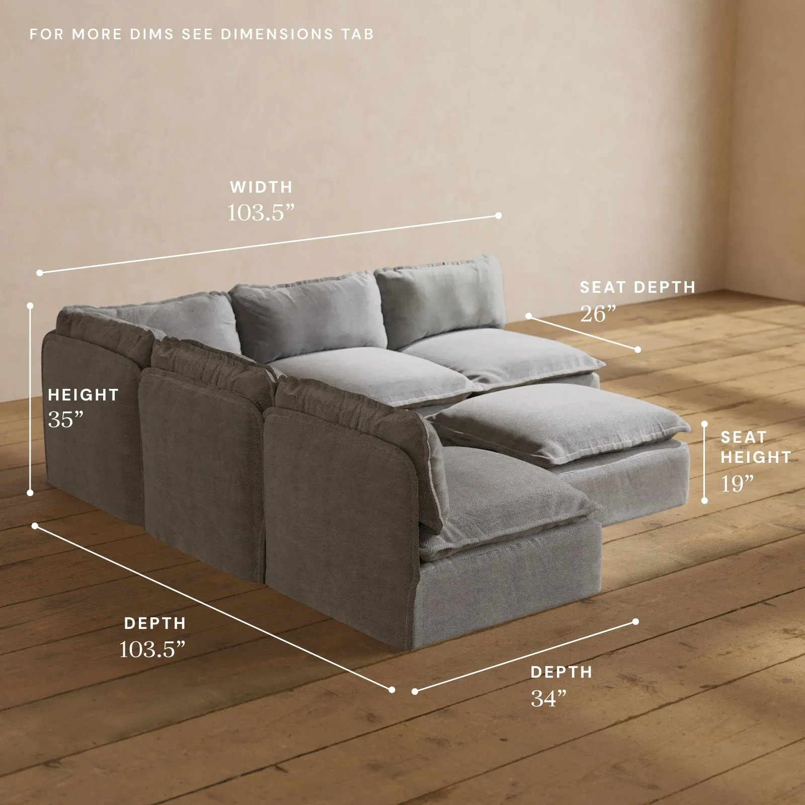 Modular Performance 5-Seater Open-Ends Corner Sectional   Ottoman in Ash | Relaxed Blend