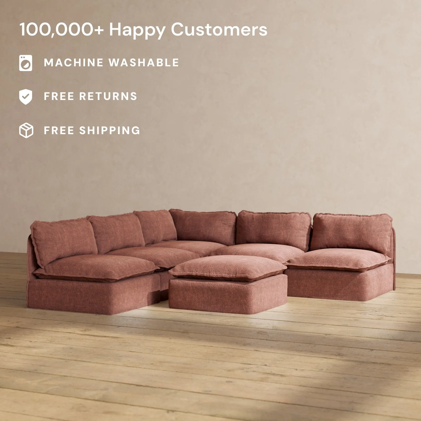 Modular Performance 5-Seater Open-Ends Corner Sectional   Ottoman in Chestnut | Relaxed Blend