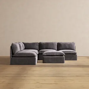 Modular Performance 5-Seater Open-Ends Corner Sectional   Ottoman in Cinder | Relaxed Blend