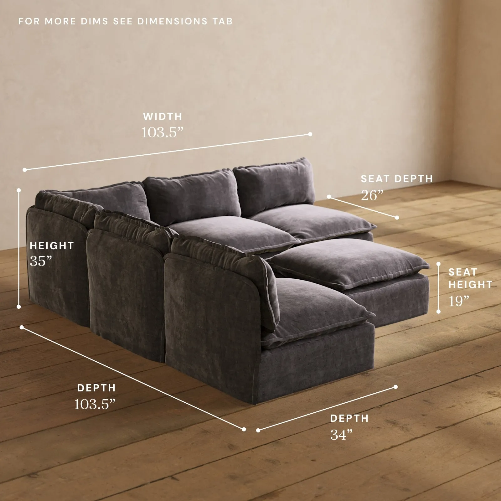 Modular Performance 5-Seater Open-Ends Corner Sectional   Ottoman in Cinder | Relaxed Blend