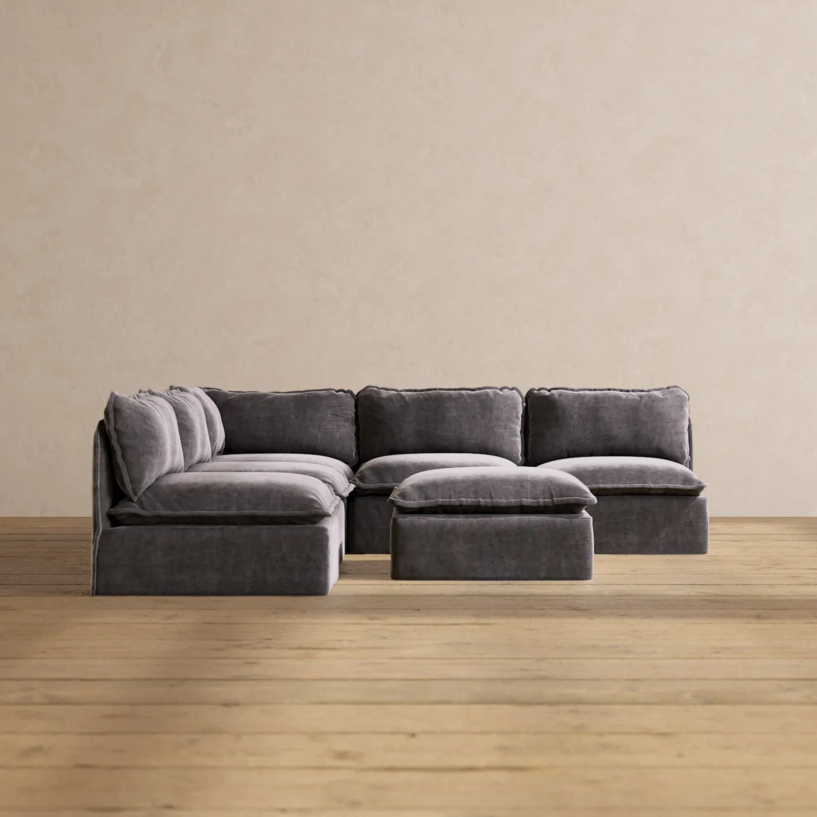 Modular Performance 5-Seater Open-Ends Corner Sectional   Ottoman in Cinder | Relaxed Blend