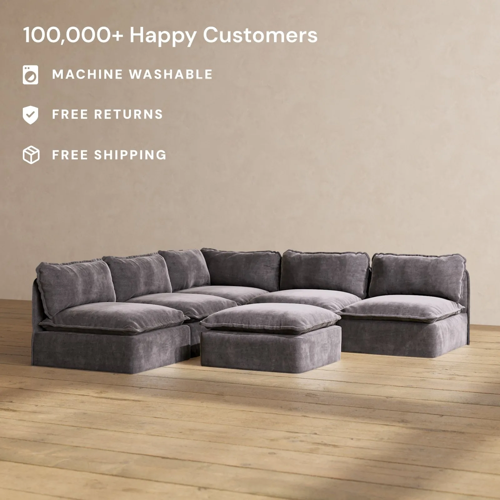 Modular Performance 5-Seater Open-Ends Corner Sectional   Ottoman in Cinder | Relaxed Blend