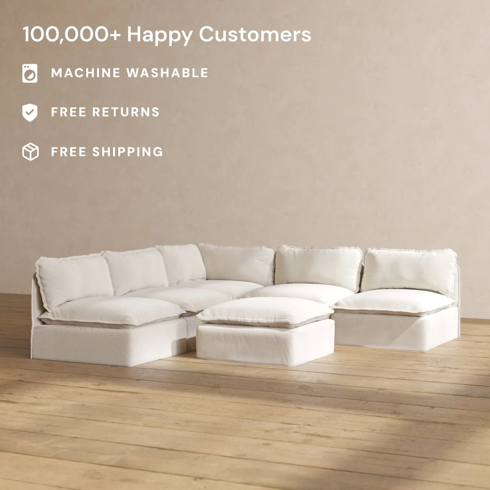 Modular Performance 5-Seater Open-Ends Corner Sectional   Ottoman in Flour | Deluxe Blend