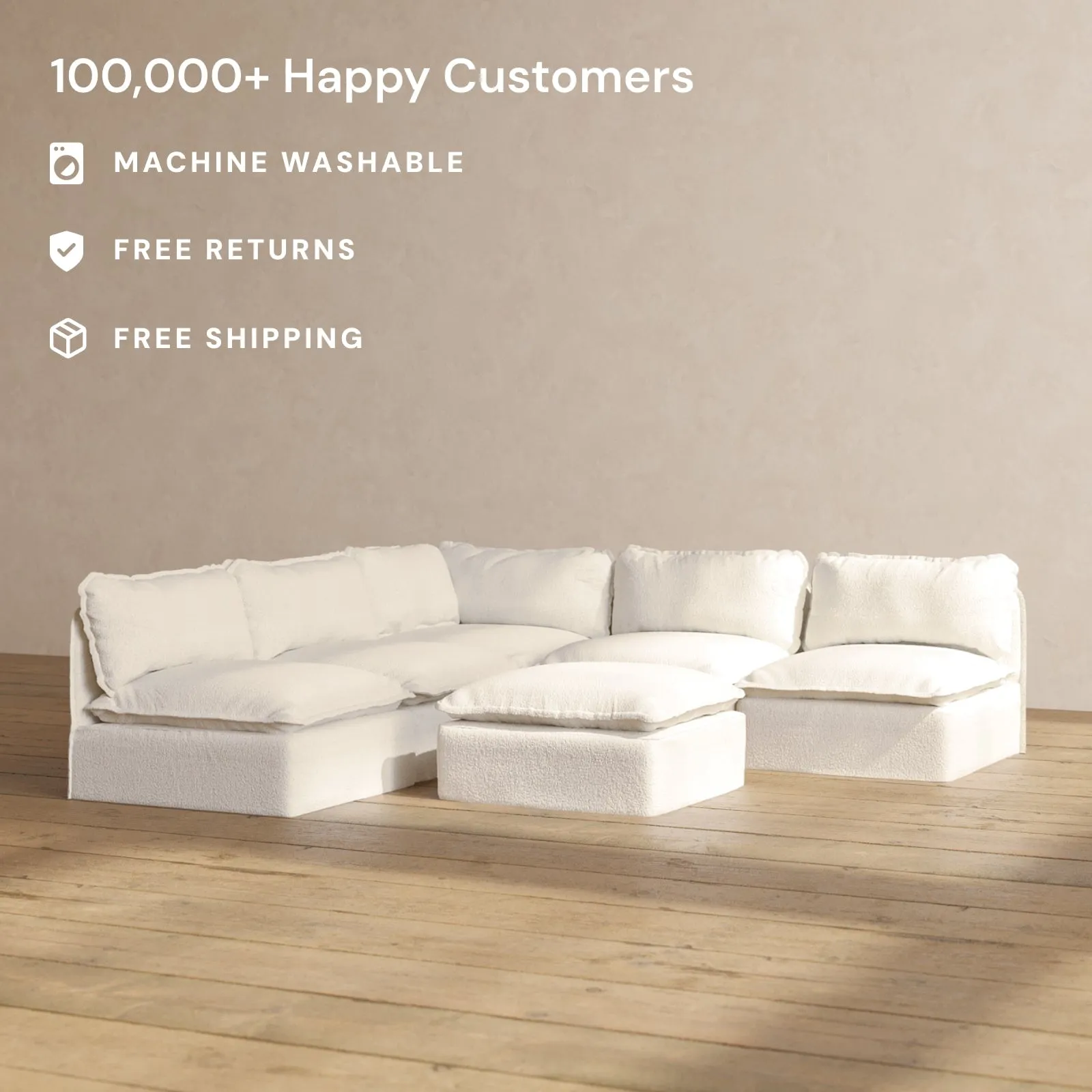 Modular Performance 5-Seater Open-Ends Corner Sectional   Ottoman in Mousse | Relaxed Blend