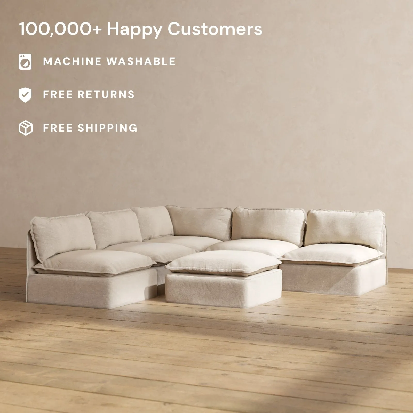 Modular Performance 5-Seater Open-Ends Corner Sectional   Ottoman in Oat | Deluxe Blend
