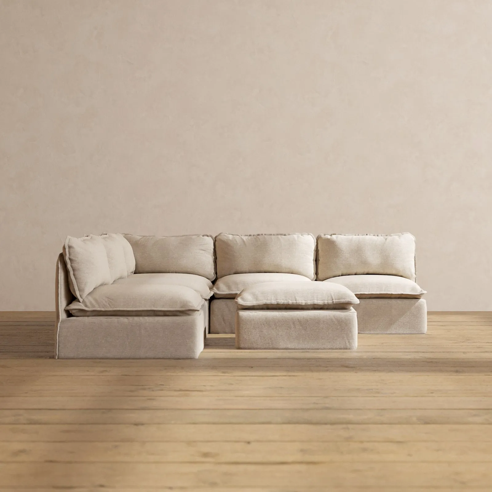 Modular Performance 5-Seater Open-Ends Corner Sectional   Ottoman in Oat | Deluxe Blend