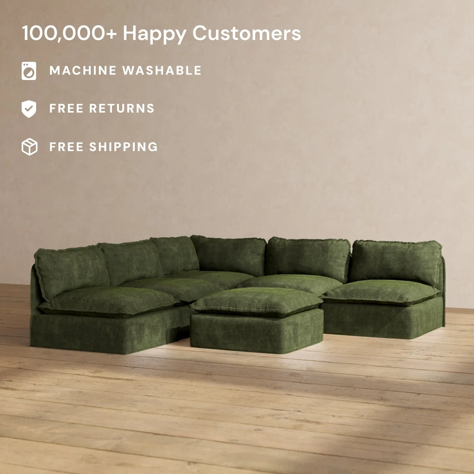 Modular Performance 5-Seater Open-Ends Corner Sectional   Ottoman in Olive | Relaxed Blend
