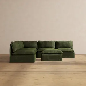 Modular Performance 5-Seater Open-Ends Corner Sectional   Ottoman in Olive | Relaxed Blend